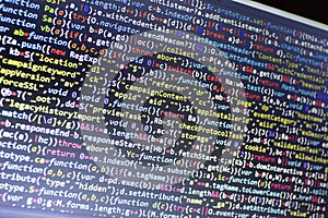 Web development javascript HTML5 code. Abstract information technology modern background. Network hacking