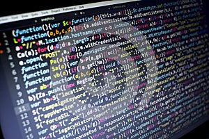Web development javascript HTML5 code. Abstract information technology modern background. Network hacking photo