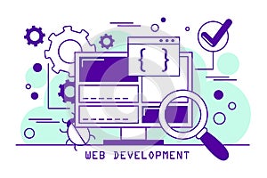 Web development line art banner. Coding software
