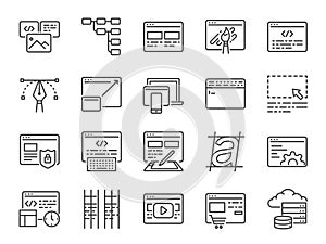 Web development line icon set. Included icons as design, developer, coding, content and more.
