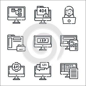 Web development line icons. linear set. quality vector line set such as backend, chat, api, report, jsp, plugin, developer, error