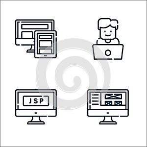 web development line icons. linear set. quality vector line set such as front end, jsp, developer