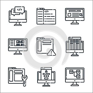 web development line icons. linear set. quality vector line set such as sitemap, login, maintenance, guidelines, alert, front end