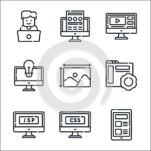 Web development line icons. linear set. quality vector line set such as web, css, jsp, settings, image, idea, video, landing page