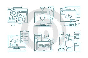 Web development line icons. Seo mobile layout web design creative process code website and app for smartphones vector