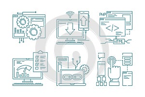 Web development line icons. Seo mobile layout web design creative process code website and app for smartphones vector photo