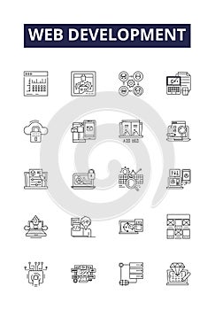 Web development line vector icons and signs. development, HTML, CSS, JavaScript, jQuery, PHP, Node, API outline vector