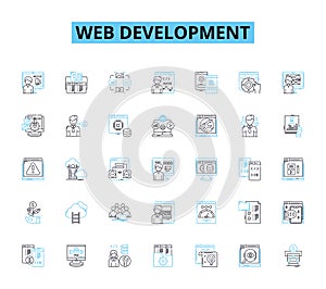 Web development linear icons set. HTML, CSS, JavaScript, PHP, Python, Ruby, TypeScript line vector and concept signs