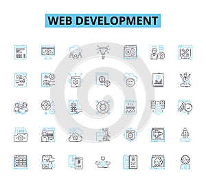 Web development linear icons set. HTML, CSS, JavaScript, PHP, Python, Ruby, TypeScript line vector and concept signs