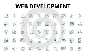 Web development linear icons set. HTML, CSS, JavaScript, PHP, Python, Ruby, TypeScript vector symbols and line concept