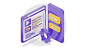 Web development and mobile application coding process illustration in isometric view