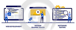 Web development, motion graphic design, software testing concept with tiny people. Website programming and coding abstract vector