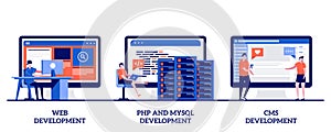 Web development, PHP and MySql, CMS content management system with tiny people. Website architecture abstract vector illustration