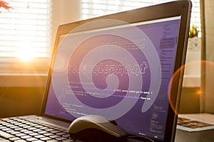 Web development phrase ASCII art inside HTML code. Web developer workplace in sunset lights