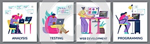 Web development and programming banners or cards set flat vector illustration.