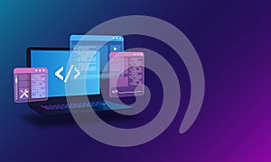 Web Development, Programming and Code Testing UI Concept with Laptop Displaying Futuristic Code