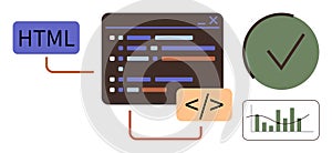 Web Development and Data Analysis Concept with Code, HTML Tag, and Analytics Icon