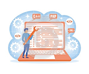 Web development. programming languages. programmer cartoon character developing website, coding.