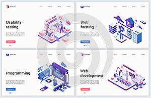 Web development and programming vector illustration set for mobile website with cartoon 3d tiny programmer developer