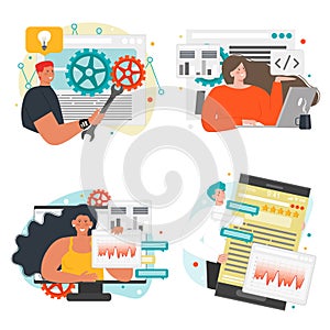 Web development scene set, vector isolated illustration. Web developer, designer cartoon characters programming, coding.