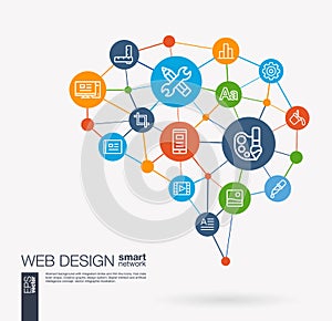 Web development, seo, website creating, app design integrated business vector icons. Digital mesh smart brain idea