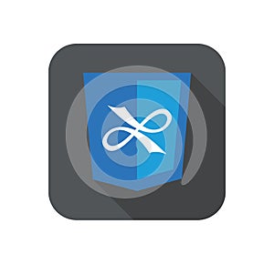 Web development shield blue ribbon sign isolated icon on grey badge with long shadow