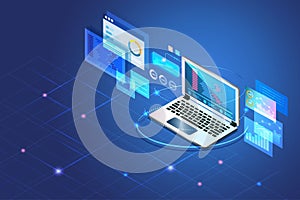 Web development, software coding and programming on application in laptop computer devices with script language testing and