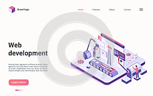 Web development technology isometric landing page, developer coder team of people working