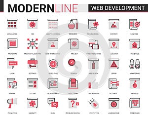 Web development thin red black flat line icon vector illustration set, developing symbols collection of optimization for