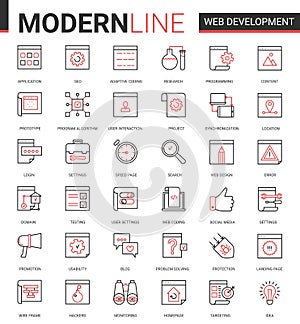 Web development thin red black line icon vector illustration set, developing symbols collection of optimization for