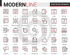 Web development thin red black line icon vector illustration set, developing symbols collection of optimization for