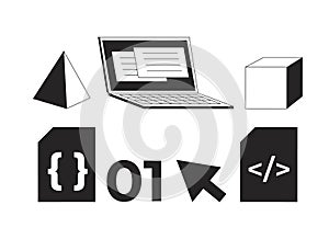 Web development tools black and white 2D line objects set