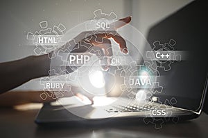 Web development tools concept on virtual screen. Programming language and scripts. PHP, SQL, HTML, Java and others.