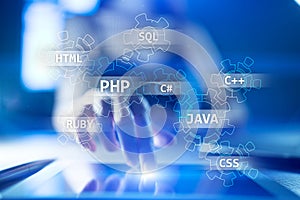 Web development tools concept on virtual screen. Programming language and scripts. PHP, SQL, HTML, Java and others.