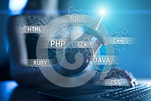 Web development tools concept on virtual screen. Programming language and scripts. PHP, SQL, HTML, Java and others.