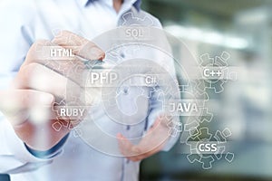 Web development tools concept on virtual screen. Programming language and scripts. PHP, SQL, HTML, Java and others.