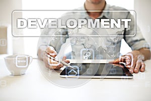 Web development tools concept on virtual screen. Programming language and scripts. PHP, SQL, HTML, Java and others.