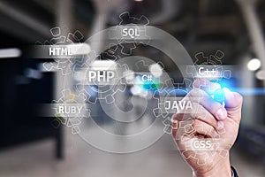Web development tools concept on virtual screen. Programming language and scripts. PHP, SQL, HTML, Java and others.