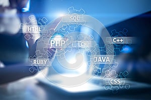 Web development tools concept on virtual screen. Programming language and scripts. PHP, SQL, HTML, Java and others.