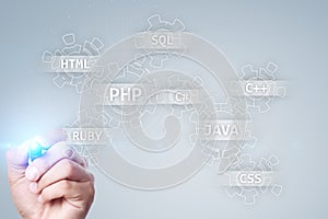 Web development tools concept on virtual screen. Programming language and scripts. PHP, SQL, HTML, Java and others.