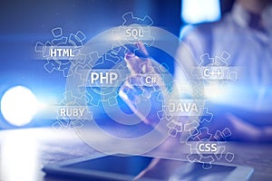 Web development tools concept on virtual screen. Programming language and scripts. PHP, SQL, HTML, Java and others.