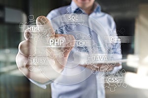 Web development tools concept on virtual screen. Programming language and scripts. PHP, SQL, HTML, Java and others.