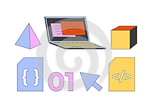 Web development tools 2D cartoon objects set