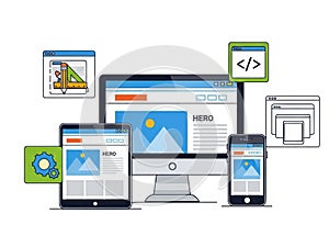 Web development tools and devices isolated on white background