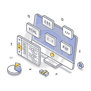Web development tools and elements in a digital workspace environment isometric line art