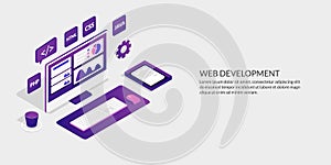 Web development & user interface design concept, isometric website development tools