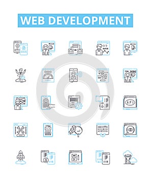 Web development vector line icons set. Web, Development, HTML, CSS, JavaScript, AJAX, PHP illustration outline concept