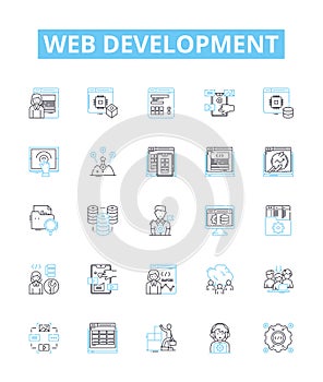 Web development vector line icons set. Web, Development, HTML, CSS, JavaScript, AJAX, PHP illustration outline concept