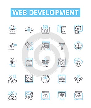 Web development vector line icons set. Web, Development, HTML, CSS, JavaScript, AJAX, PHP illustration outline concept