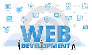 web development website concept with big words and people surrounded by related icon with blue color style